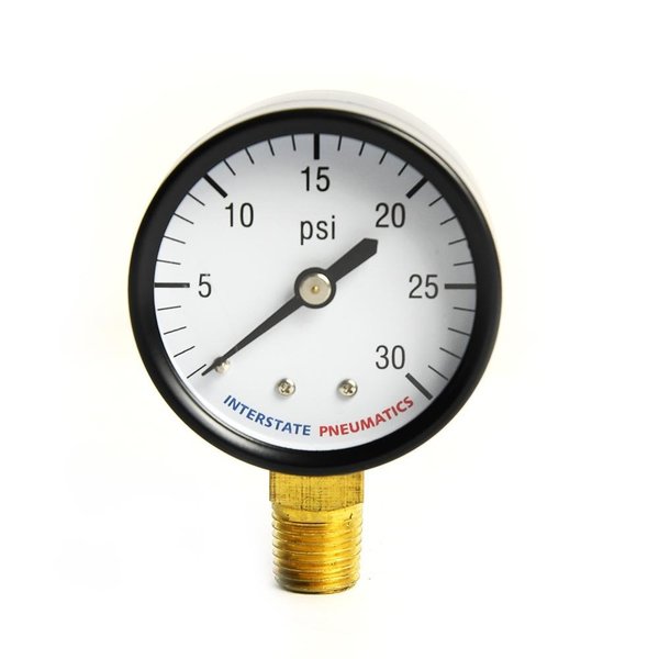 Interstate Pneumatics Regular Air Pressure Gauge 30 PSI 2 Inch Diameter 1/4 Inch NPT Bottom Mount G2012-030